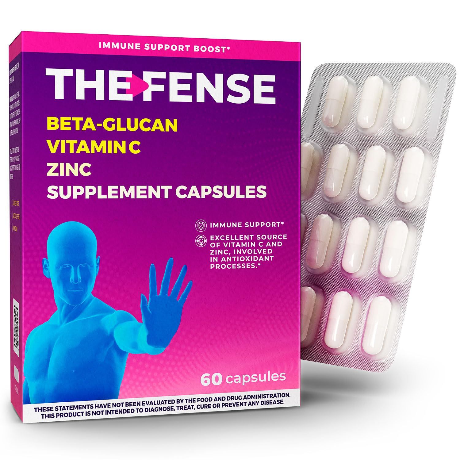 HEBRON The Fense - Beta Glucan, Vitamin C and Zinc Supplement Capsules - Immune Support Boost for Women and Men - Free of Gluten and Lactose, Non-GMO - 60 Capsules
