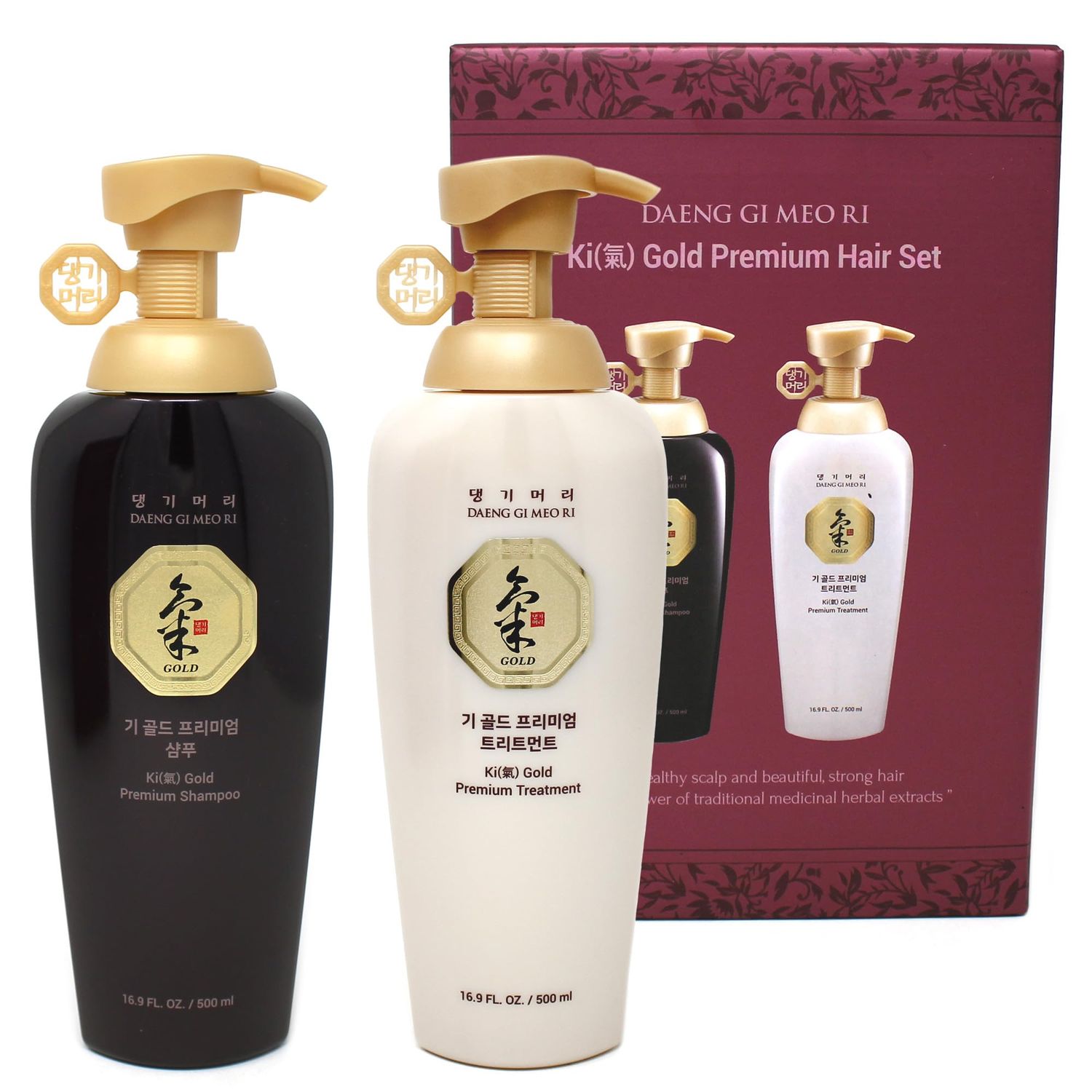 Daeng Gi Meo Ri- Ki Gold Premium Shampoo Treatment Set, Promoting Hair Growth, Effectively Moisture to Dry and Rough Hair, No Artificial Color, 500ml