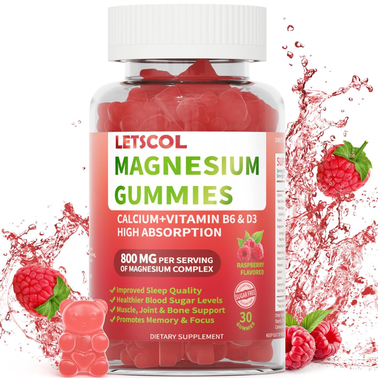 LETSCOL Magnesium Glycinate Gummies 800mg Per Serving, Sugar Free Magnesium Supplement with Magnesium Malate, Calcium, Vitamin D3, B6, CoQ10 for Calm Support Sleep for Adults Kids