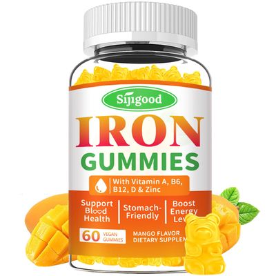 Iron Gummies for Women Men - Vegan Iron Supplement for Anemia Iron Deficiency, with Vitamin B12, Vitamin C, Zinc, Folate - Energy Boost, Sugar-Free, Mango Flavor, 60 Count