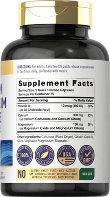Carlyle Calcium Magnesium Citrate with Vitamin D3 150 Capsules Non-GMO Gluten Free Supplement