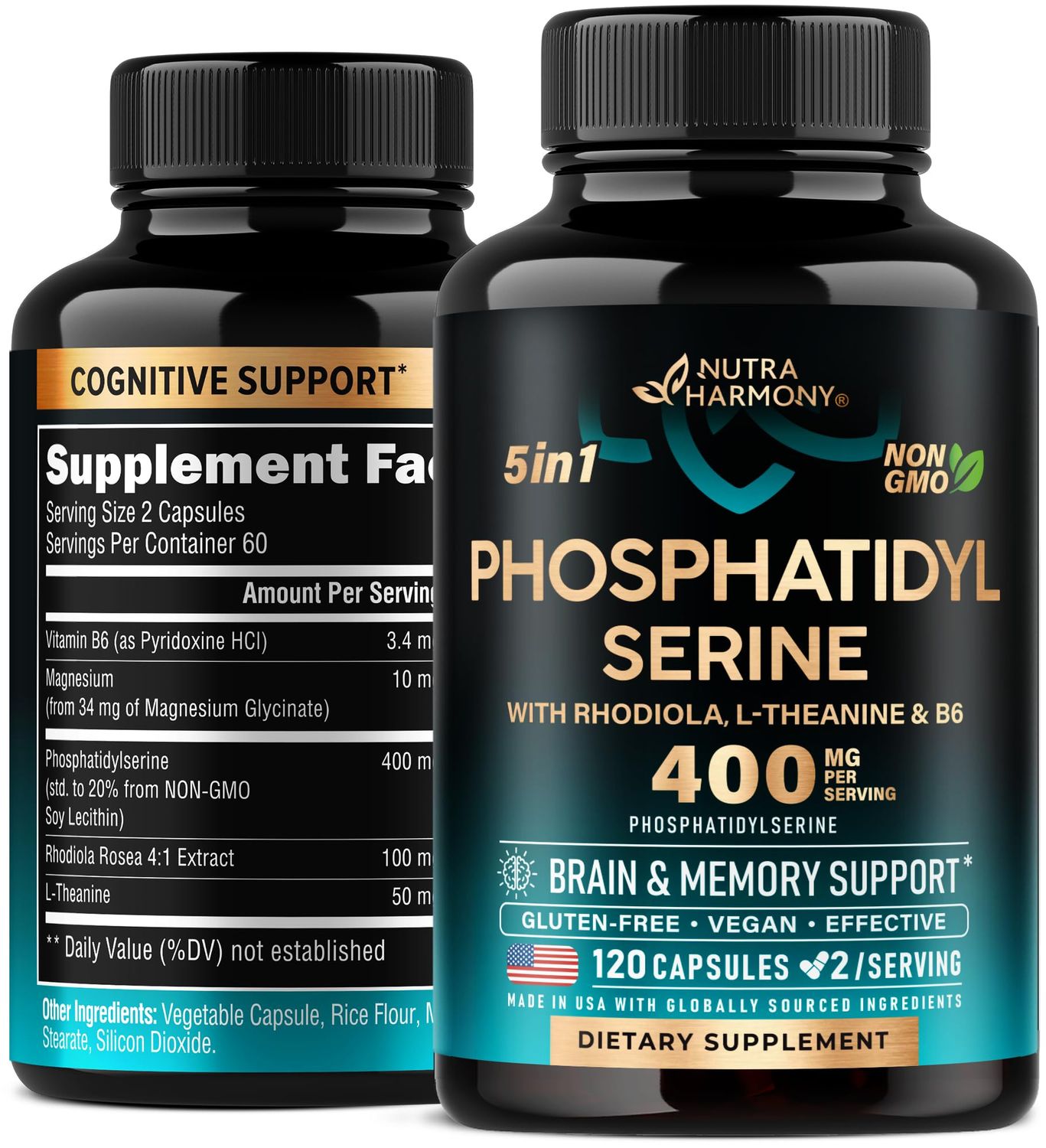 Phosphatidylserine 400 mg with L-Theanine, Magnesium Vitamin B6, Rhodiola Rosea - Brain, Memory Focus Support - Certified NON-GMO, Naturally Derived Bioavailable - Made in USA - 120 apsules
