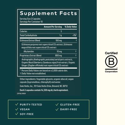 Gaia Herbs Quick Defense - Fast-Acting Immune Support Supplement for Use at Onset of Symptoms - with Echinacea, Black Elderberry, Ginger Andrographis - 20 Vegan Liquid Phyto-Capsules (2-Day Supply)