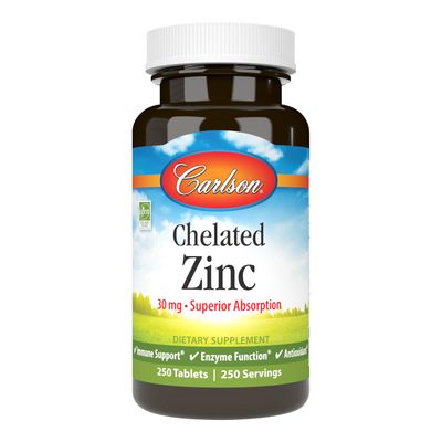 Carlson - Chelated Zinc, 30 mg, Chelated Zinc Supplement, Zinc Glycinate Chelate, Superior Absorption, Immune Support Enzyme Function, Zinc Tablets, Antioxidant, 250 Tablets