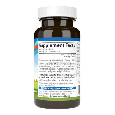 Carlson - Chelated Zinc, 30 mg, Chelated Zinc Supplement, Zinc Glycinate Chelate, Superior Absorption, Immune Support Enzyme Function, Zinc Tablets, Antioxidant, 250 Tablets