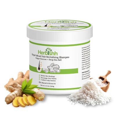 Herbishh Ginger Hair Revitalizing Shampoo Jar with Deep Sea Salt - Anti Dandruff Shampoo for Weak, Brittle Hair Dry Scalp - Boosts Hair Growth Free from Mineral Silicon Oil, 17.6 oz
