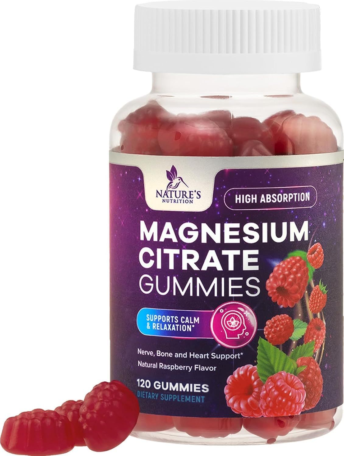 Magnesium Gummies Supplement - High Absorption Magnesium Citrate Supplement for Adults Kids - Nature&#39;s Calm Magnesio Gummy Dietary Supplements for Bone, Muscle Health, Heart Support - 120 Gummies