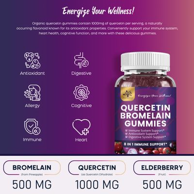 (2 Pack) Quercetin Gummies with Bromelain Zinc Elderberry Vitamin C D3 K2, Quercetin 1000mg Supplement with Bromelain 500mg for Cardiovascular, Immune System Allergy, Vegan Gummy for Adult Kid
