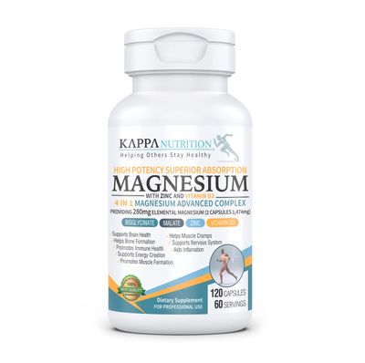 (120 Capsules), Glycinate, Bisglycinate, Malate, Zinc, Vitamin D3 for Brain, Sleep, Cramps, Headaches, Energy, Bones, Immune, Providing 280mg Elemental Magnesium, from KAPPA NUTRITION