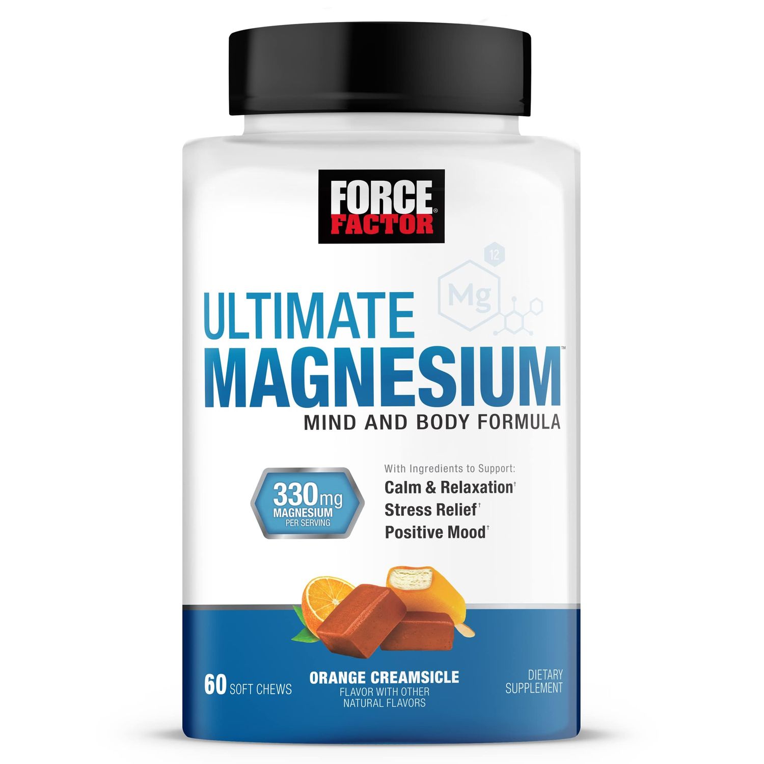 Force Factor Ultimate Magnesium Supplement, Magnesium for Stress Relief, Calm, and Relaxation, Magnesium Chewable, Vegan, Gluten Free, Non-GMO, Orange Creamsicle Flavor, 60 Soft Chews
