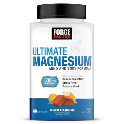 Force Factor Ultimate Magnesium Supplement, Magnesium for Stress Relief, Calm, and Relaxation, Magnesium Chewable, Vegan, Gluten Free, Non-GMO, Orange Creamsicle Flavor, 60 Soft Chews