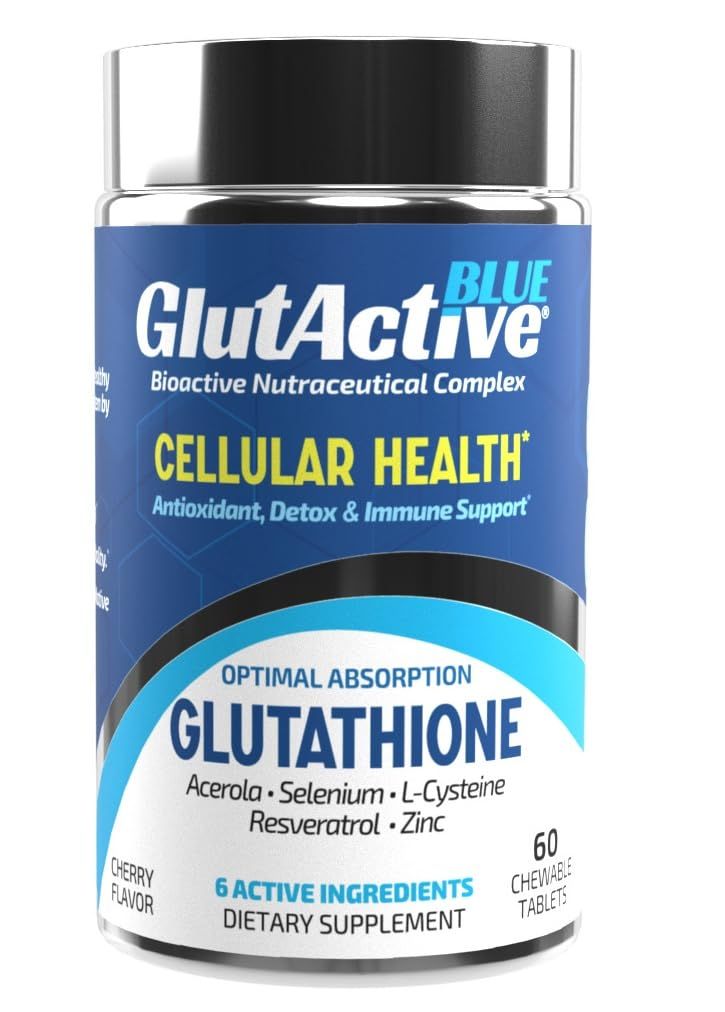GlutActive Blue 800mg Glutathione Antioxidant, Increase Immunity Energy - Detox AntiAging, Cysteine, Selenium, Zinc, Resveratrol, Acerola (VIT-C). 60 Chewable Tablets (60ct)