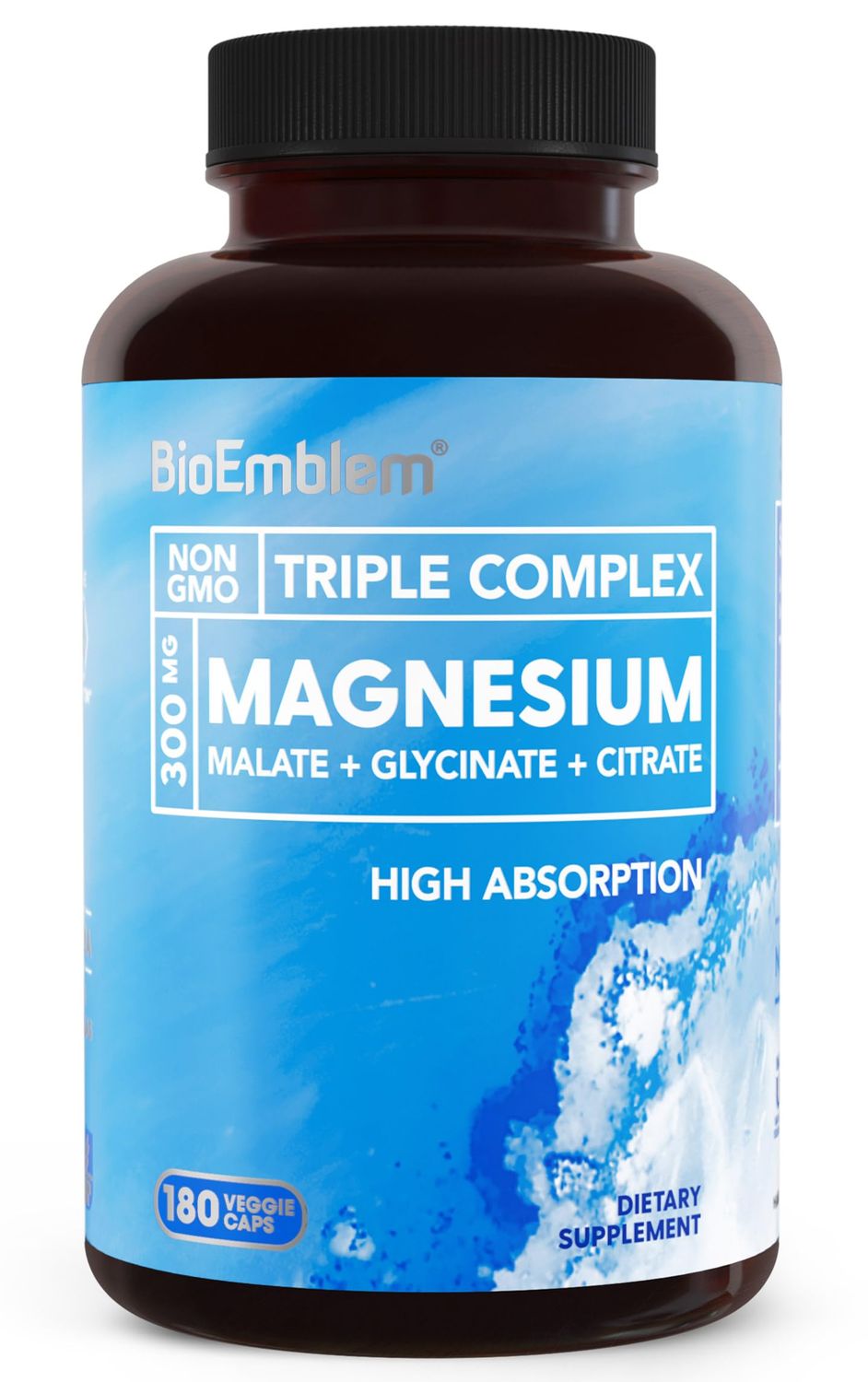 BioEmblem Triple Magnesium Complex 300mg of Magnesium Glycinate, Malate, Citrate for Muscles, Nerves, Energy High Absorption Vegan, Non-GMO 180 Capsules
