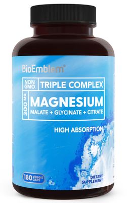 BioEmblem Triple Magnesium Complex 300mg of Magnesium Glycinate, Malate, Citrate for Muscles, Nerves, Energy High Absorption Vegan, Non-GMO 180 Capsules