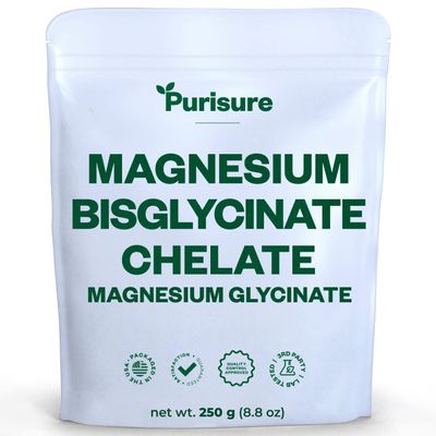 Purisure Magnesium Bisglycinate Chelate, 250g, Pure Magnesium Glycinate Powder for Bones, Magnesium Bisglycinate Chelate for Sleep and Muscle Flexibility, Gluten-Free, Non-GMO, 133 Servings