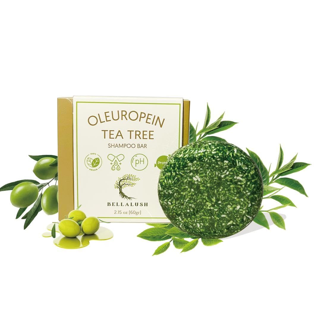 Bellalush Oleuropein Tea Tree Shampoo Bar Natural Antioxidant Hair Care with Olive Leaf Extract Sulfate-Free, Moisturizing for Dandruff Scalp Health and Vegan, 2.15oz60g