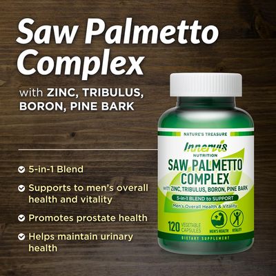 INNERVISNUTRITION Saw Palmetto Complex 120 Vegetable Capsules for Men Prostate Support Urinary Health Zinc, Tribulus, Boron, Pine Bark 5-in-1 Blend Supplement