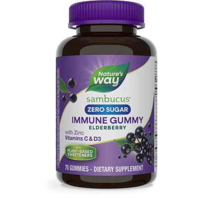 Nature&#39;s Way Sambucus Zero Sugar Immune Gummies, Daily Immune Support, Black Elderberry Extract, Vitamin C, Vitamin D3, Zinc, Sugar Free, Sugar Alcohol Free, Plant-Based Sweeteners, 70 Gummies