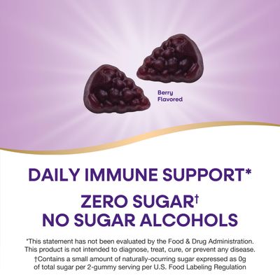 Nature's Way Sambucus Zero Sugar Immune Gummies, Daily Immune Support, Black Elderberry Extract, Vitamin C, Vitamin D3, Zinc, Sugar Free, Sugar Alcohol Free, Plant-Based Sweeteners, 70 Gummies