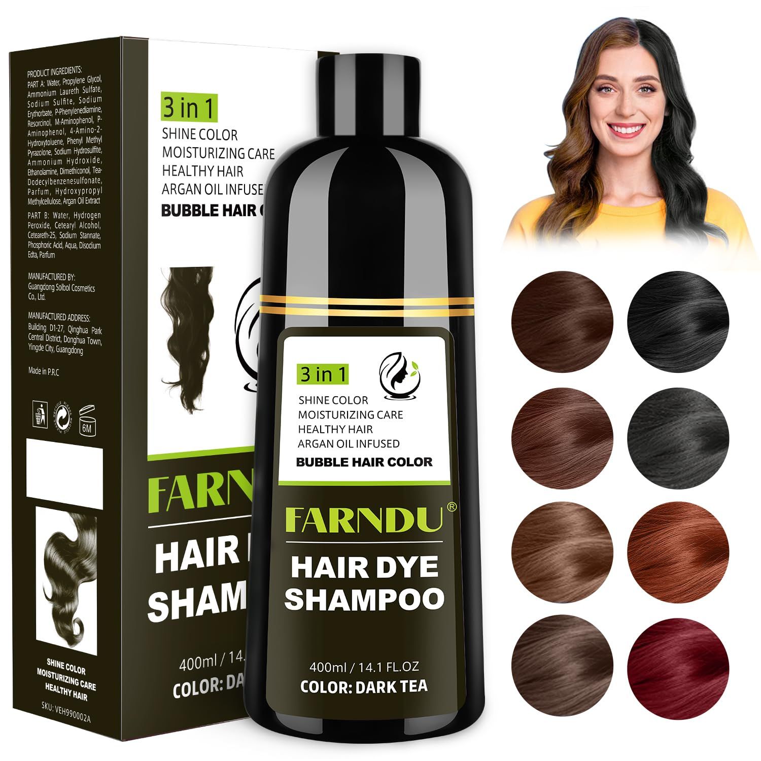 Farndu Hair Dye Shampoo for Women Men, Gray Coverage Herbal Natural Ingredients 3 In 1 Color Shampoo
