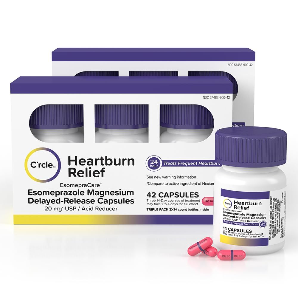 C&#39;rcle Esomeprazole Magnesium 20mg (84 Ct, Six 14 Day Courses) - Antacid Pills Delayed-Release Capsules, Acid Reducer Pills for Frequent Heartburn Relief - Antacids for Acid Reflux Medicine