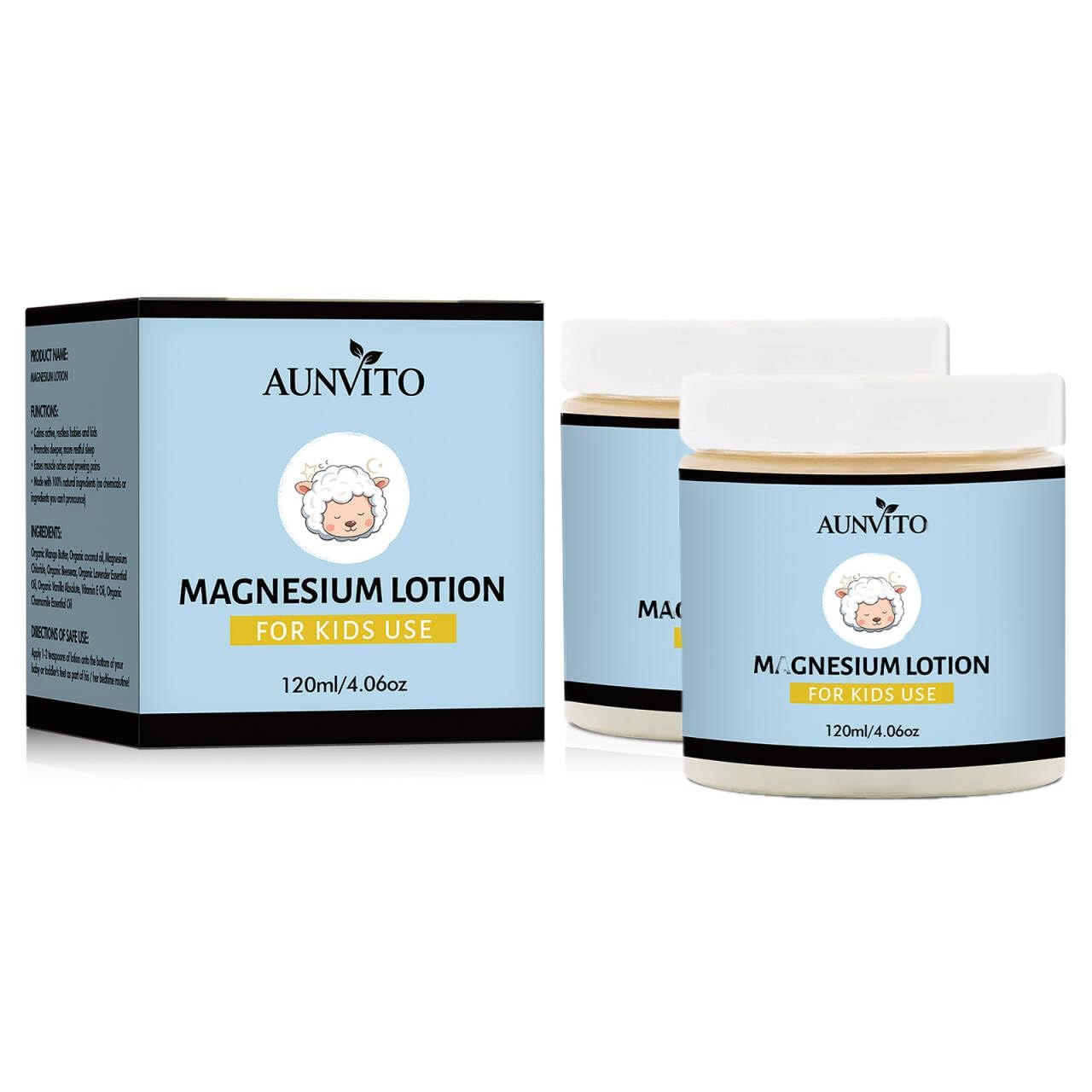AUNVITO Pure Magnesium Lotion for Kids,magnesium Butter Lotion for Sleep kids- Organic, Fast-Topical Magnesium Cream Helps Kids Stay Calm at Bedtime and During The Night, 4oz(2 Bottle)