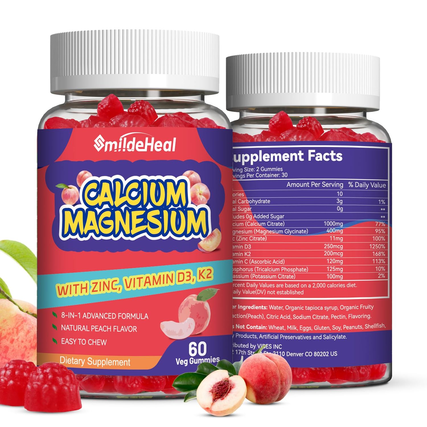 2 Pack Calcium Magnesium Gummies 600MG, Calcium Magnesium Zinc Gummies with Vitamin D3 - High Absorption Complex Calcium Supplement, Vegan, 120 Counts
