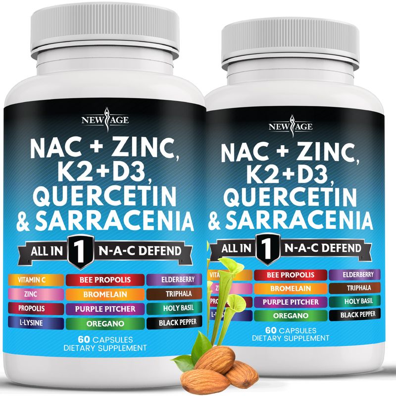 NEW AGE NAC Supplement N-Acetyl Cysteine- with Vitamin D3, K2, Zinc, Quercetin, Triphala, Sarracenia Purpurea, Elderberry, Holy Basil, Bee Propolis, Bromelain, L-Lysine - 120 Count