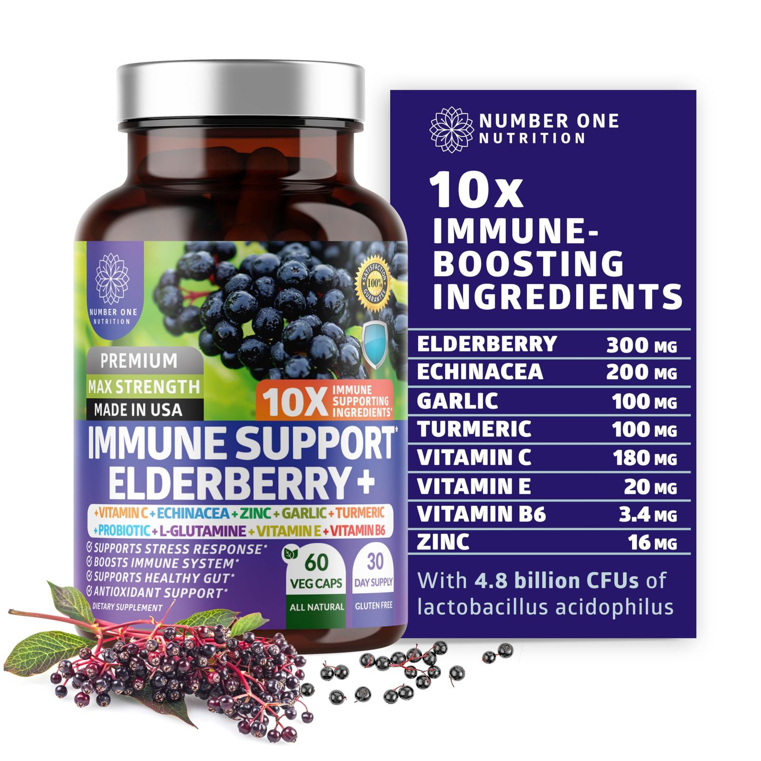 Premium 10 in 1 Immune Support Supplement 10 Potent Ingredients with Elderberry, Vitamin C, Echinacea, Zinc and Probiotic for Immune Support, Gut Health and Better Digestion, 60 Veg Caps