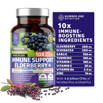 Premium 10 in 1 Immune Support Supplement 10 Potent Ingredients with Elderberry, Vitamin C, Echinacea, Zinc and Probiotic for Immune Support, Gut Health and Better Digestion, 60 Veg Caps