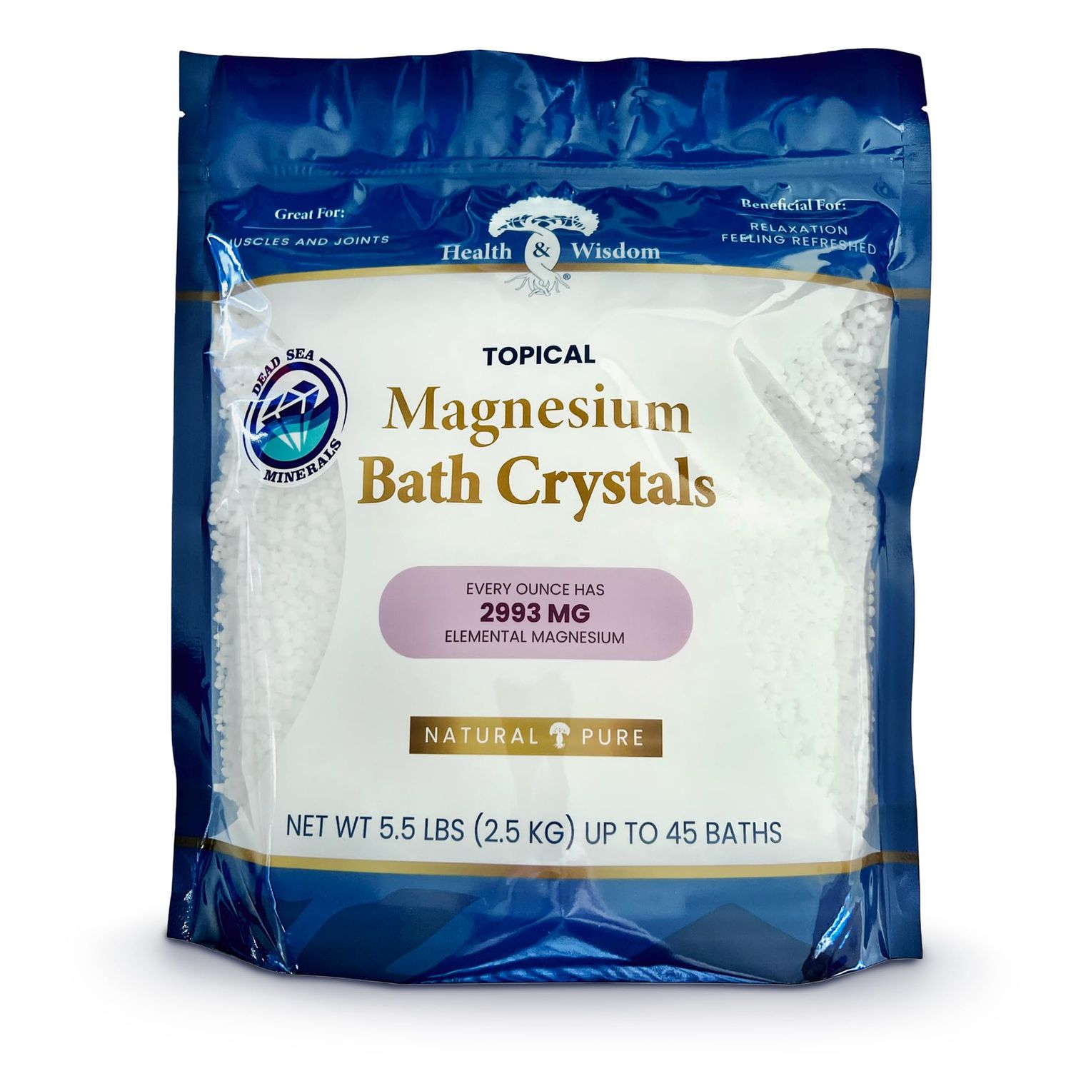 Health and Wisdom Magnesium Bath Salt - Magnesium Chloride Flakes for Bath Soak, 4X Epsom Salt Concentration, Unscented Formula, Dead Sea Sourced, Resealable Bag, Zero Additives - 88 Ounces