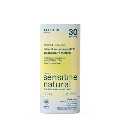 ATTITUDE Mineral Sunscreen Stick for Sensitive Skin, SPF 30, EWG Verified, Plastic-Free, Broad Spectrum UVAUVB Protection with Zinc Oxide, Dermatologically Tested, Vegan, Unscented, 2.1 Ounces