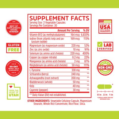 Zhou Thyroid Support - Thyroid Supplement for Women Men with Zinc, Iodine, Selenium, Metabolic Health Thyroid Complex with Ashwagandha, Kelp - 60 Veggie Capsules (Pack of 1)
