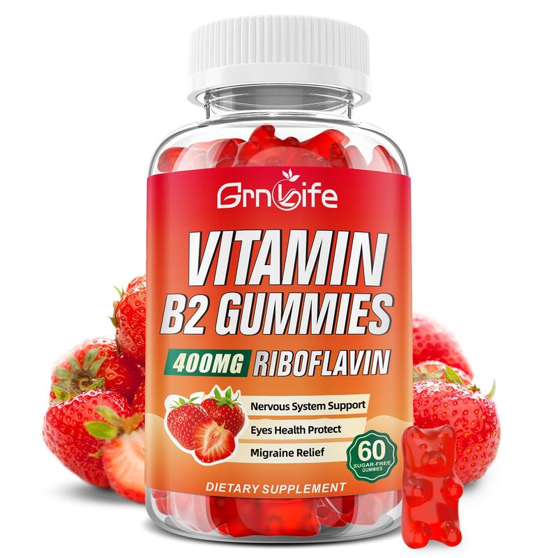Vitamin B2 Gummies, Riboflavin 400mg with Magnesium for Kids Adults, B2 Gummies for Migraine Relief Energy Support, Strawberry Flavor, 60 Count