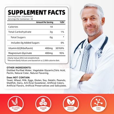Vitamin B2 Gummies, Riboflavin 400mg with Magnesium for Kids Adults, B2 Gummies for Migraine Relief Energy Support, Strawberry Flavor, 60 Count