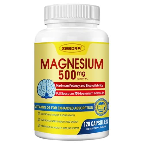 10-in-1 Magnesium Complex Supplement, Magnesium Glycinate 500mg with Citrate Malate, Chelated High Absorption Plus Vitamin D3 Zinc - for Nerve, Muscle Bone Support - 120 Capsules
