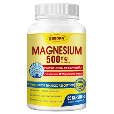 10-in-1 Magnesium Complex Supplement, Magnesium Glycinate 500mg with Citrate Malate, Chelated High Absorption Plus Vitamin D3 Zinc - for Nerve, Muscle Bone Support - 120 Capsules