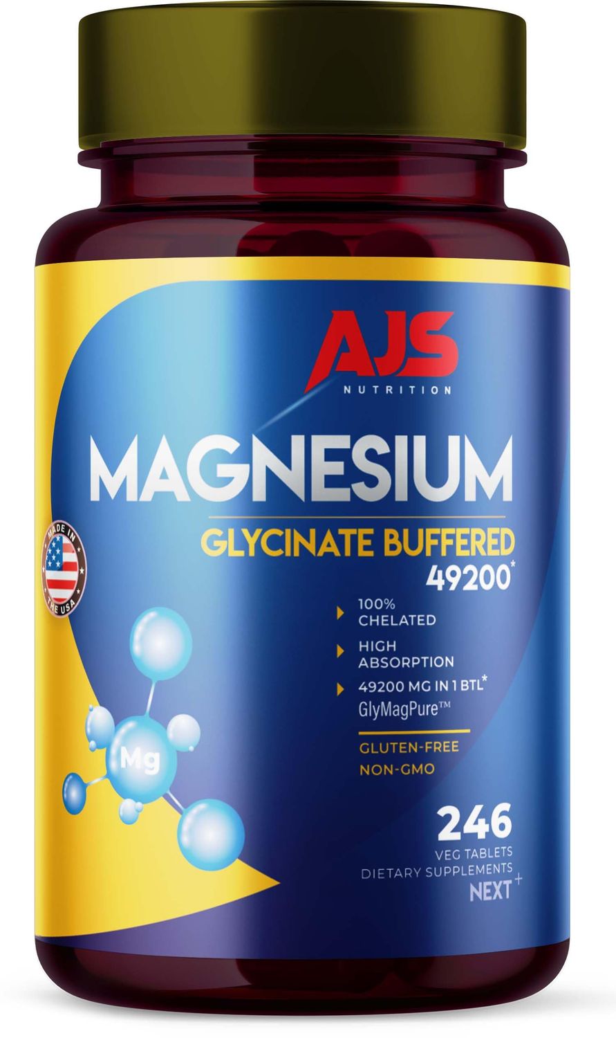 AJS Magnesium Glycinate Supplement 400mg, Magnesium Tablets, Gluten-Free, Non-GMO Supplements, Dietary Magnesium Supplement with Organic Coating,Supports Your Well-Being, 246 Tablets, 4 Months