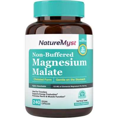 NatureMyst Magnesium Malate, Chelated Form, Highly Absorbable, Non-Buffered, Gentle on Stomach, for Adults Children, Flexible Dose, Energy Production, Nerve Muscle Function, 240 Vegan Capsules