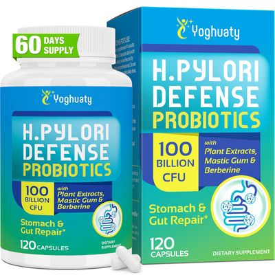 H. Pylori Defense Probiotics 100 Billion CFU - Lactobacillus Reuteri, Mastic Gum, Berberine, Zinc Carnosine, Green Tea, for Gastritis, Digestive Gut Health, Stomach Comfort, Vegan, 120 Capsules