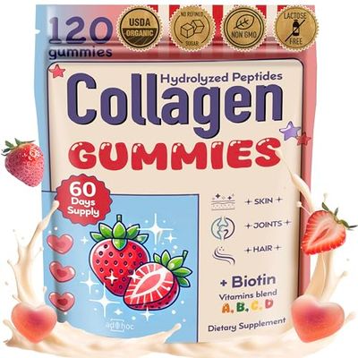 Collagen Peptides Gummies for Women - Biotin, Zinc, Vitamin D3 - 120 Count - Hydrolyzed Collagen Gummy Complex - Hair, Skin Nails Support - Sugar-Free, Halal, Lactose-Free, Strawberry Cream Flavor
