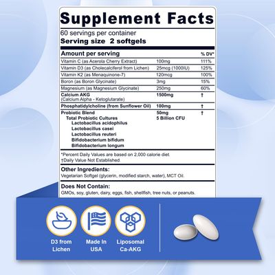 Liposomal Calcium AKG Supplement 1500mg with Vitamin D3 K2 Softgels for Women Men, Calcium Supplement with Magnesium Glycinate, Boron, Probiotics Vitamin C for Bone Health Energy - 120Cts