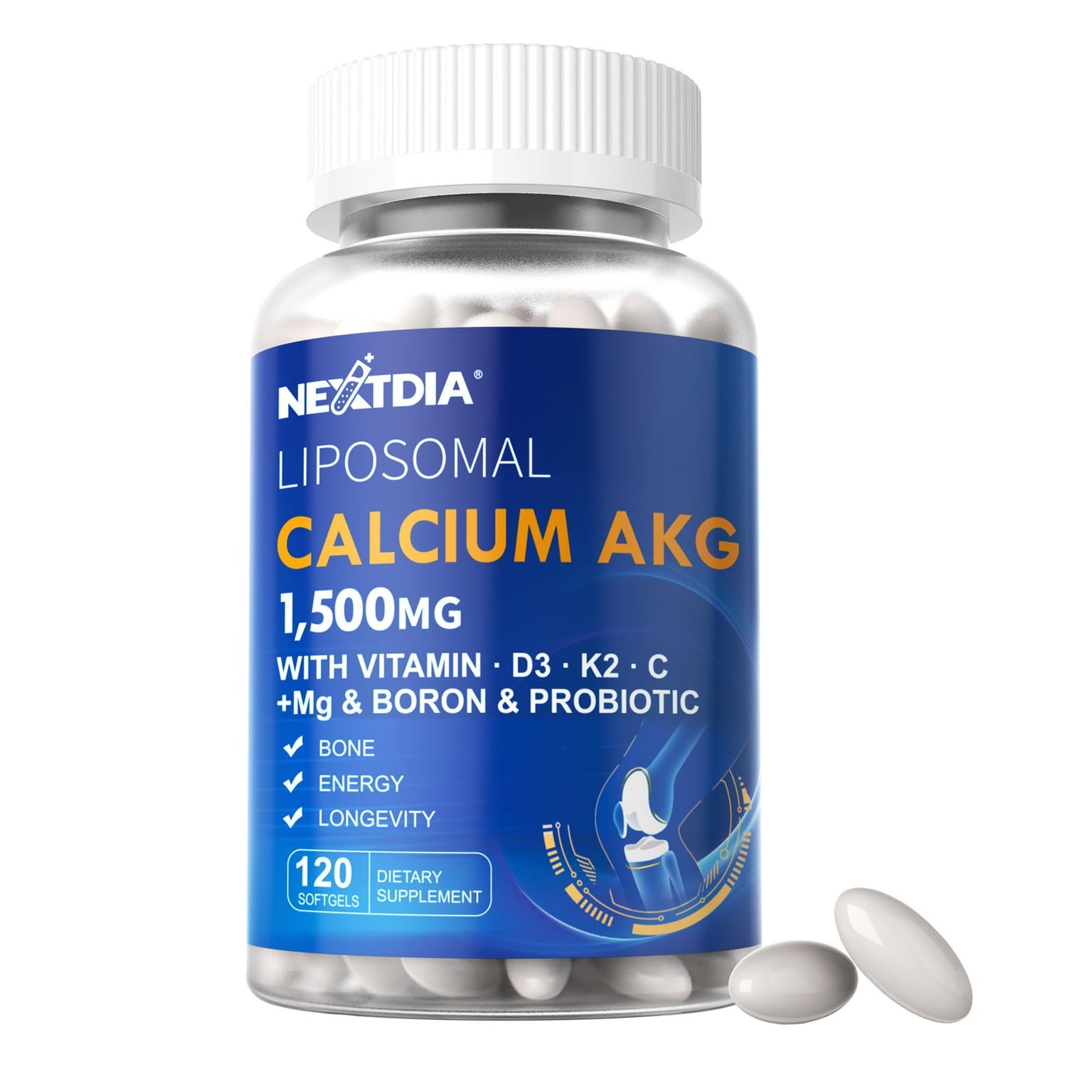 Liposomal Calcium AKG Supplement 1500mg with Vitamin D3 K2 Softgels for Women Men, Calcium Supplement with Magnesium Glycinate, Boron, Probiotics Vitamin C for Bone Health Energy - 120Cts