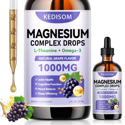 KEDISOM Magnesium Glycinate Liquid Drops 2 Fl Oz - Magnesium Complex Supplement with Vitamin B6 B12 D3 Plus L-Theanine Omega-3 for Bone Joint Health, Cognitive Function, Sugar-Free Grape Flavor