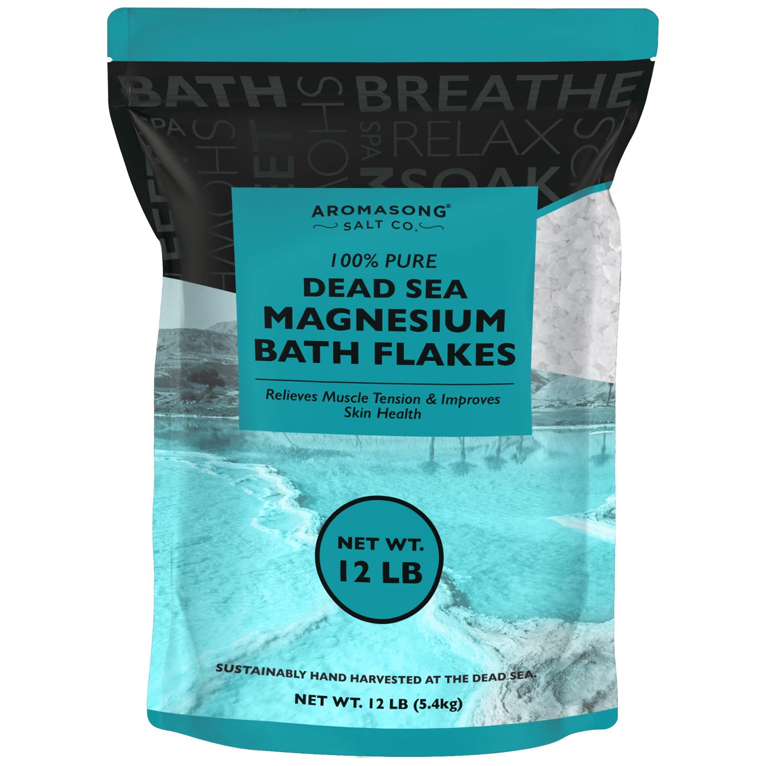 Aromasong Magnesium Flakes from The Dead Sea, 12 LB Resealable Pack - Muscle Relaxing Magnesium Chloride Bath Salts Soak for Headaches, Stress Leg Discomfort. (Packaging May Vary)