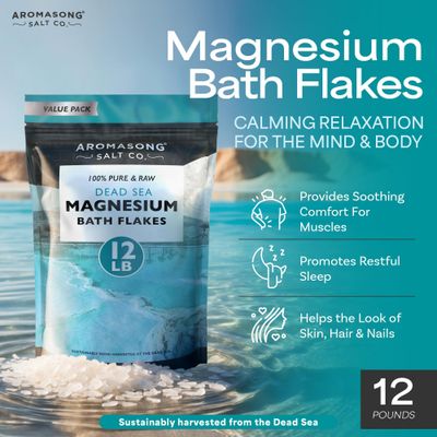 Aromasong Magnesium Flakes from The Dead Sea, 12 LB Resealable Pack - Muscle Relaxing Magnesium Chloride Bath Salts Soak for Headaches, Stress Leg Discomfort. (Packaging May Vary)