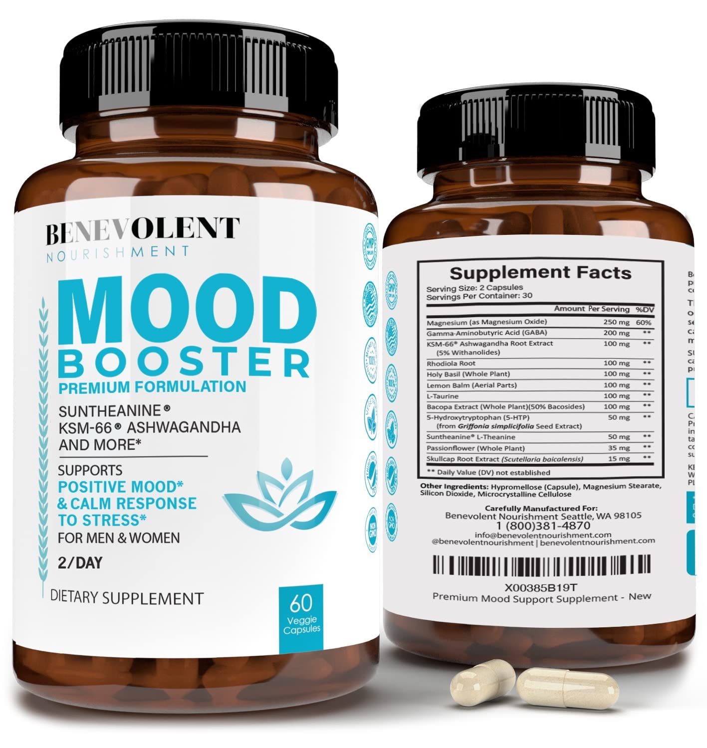 Calm Mood Booster Supplement - Natural Happy Pills for Stress, Sleep Mood Support - Patented KSM-66 Ashwagandha Suntheanine L-Theanine, Rhodiola Rosea, Magnesium - 60 Count