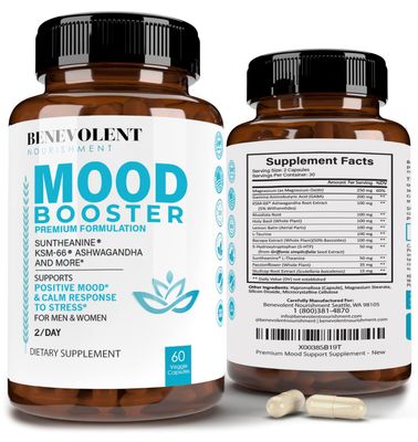 Calm Mood Booster Supplement - Natural Happy Pills for Stress, Sleep Mood Support - Patented KSM-66 Ashwagandha Suntheanine L-Theanine, Rhodiola Rosea, Magnesium - 60 Count