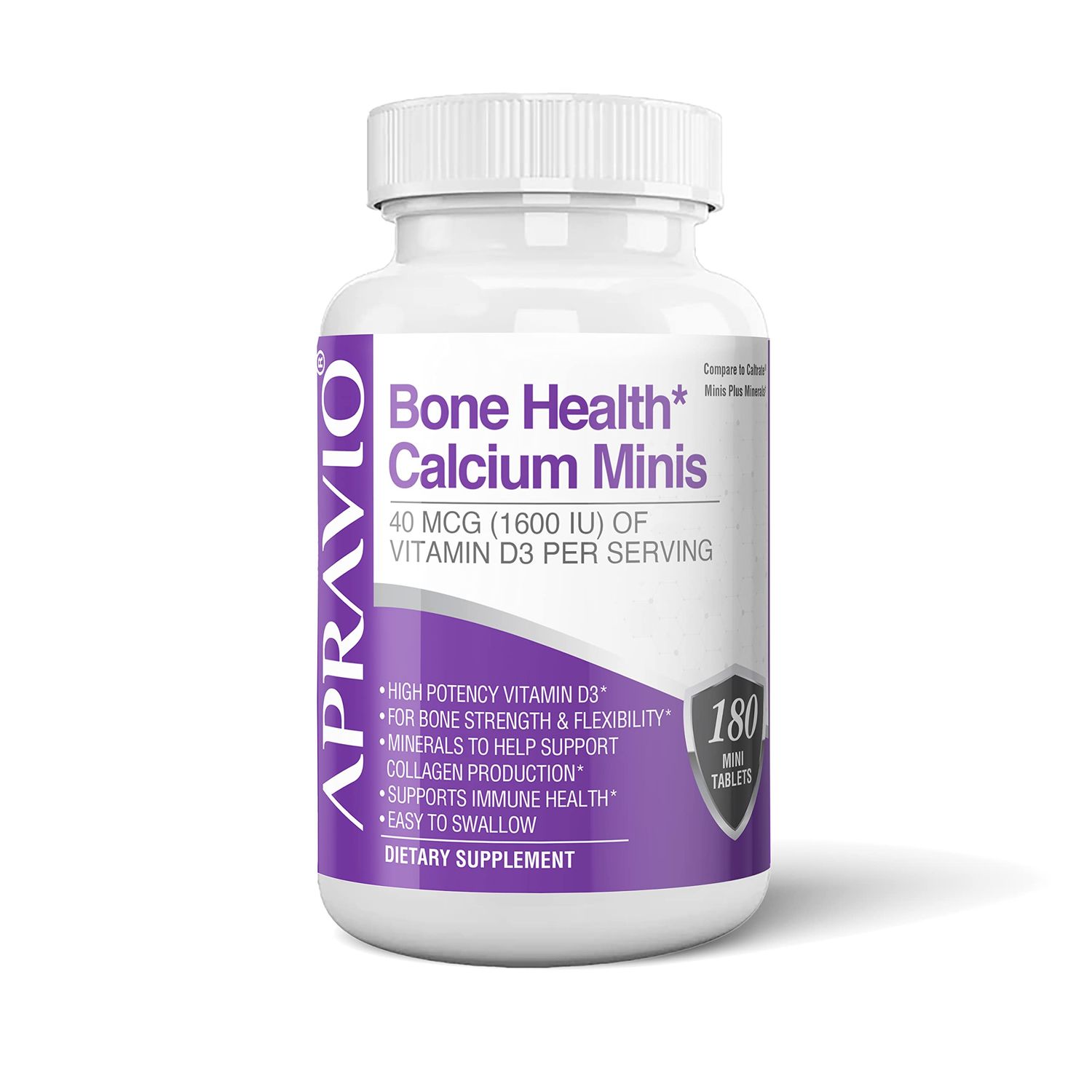 Apravio Bone Health Calcium Minis Tablets, Calcium Supplements wVitamin D3, Magnesium, Zinc, Copper, Manganese, Minerals to Help Support Bone Strength, Collagen Production, Immune Health, 180ct