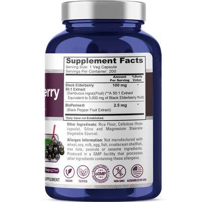 NusaPure Black Elderberry 50:1 Extract, 100 mg Equivalent to 5,000mg per Veggie Capsules, 200 Count (Non-GMO, Bioperine) Sambucus Supplement